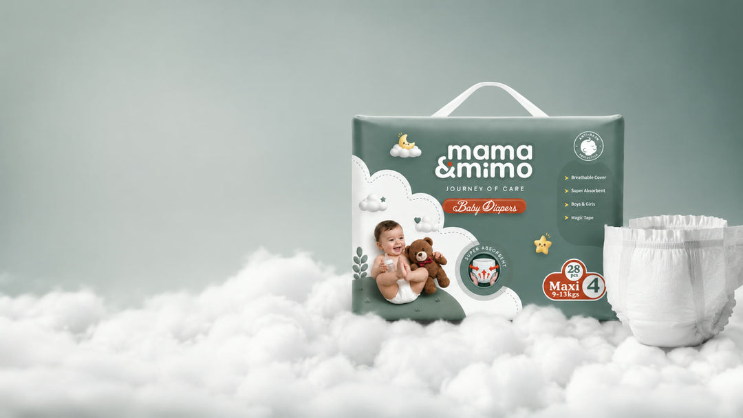 mama &amp; mimo Baby Diapers Maxi pack on cloud backdrop
