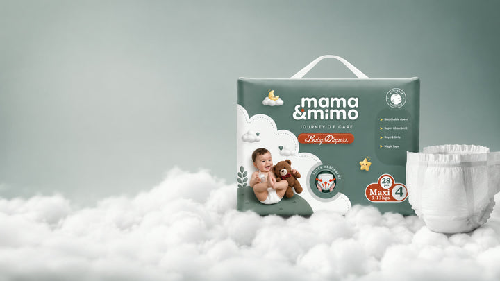 mama &amp; mimo Baby Diapers Maxi pack on cloud backdrop