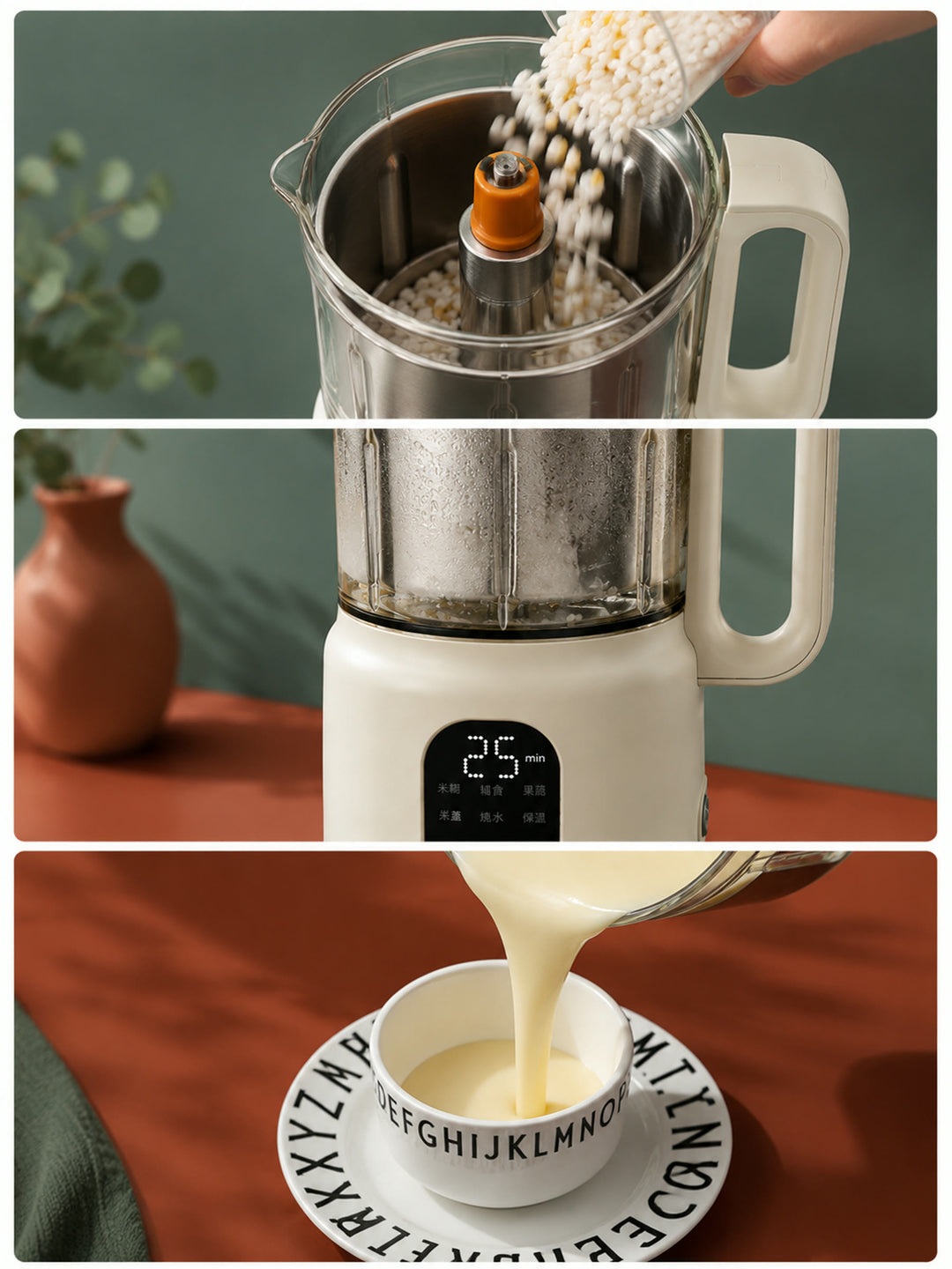 Processor &amp; Steamer in use, lifestyle triptych