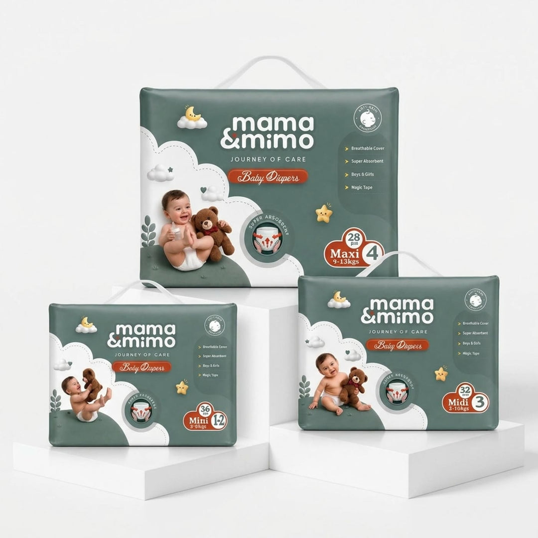 mama & mimo Baby Diapers — Mini, Midi, Maxi pack lineup