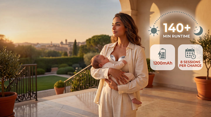 Mother wearing Wireless Breast Pump while holding baby